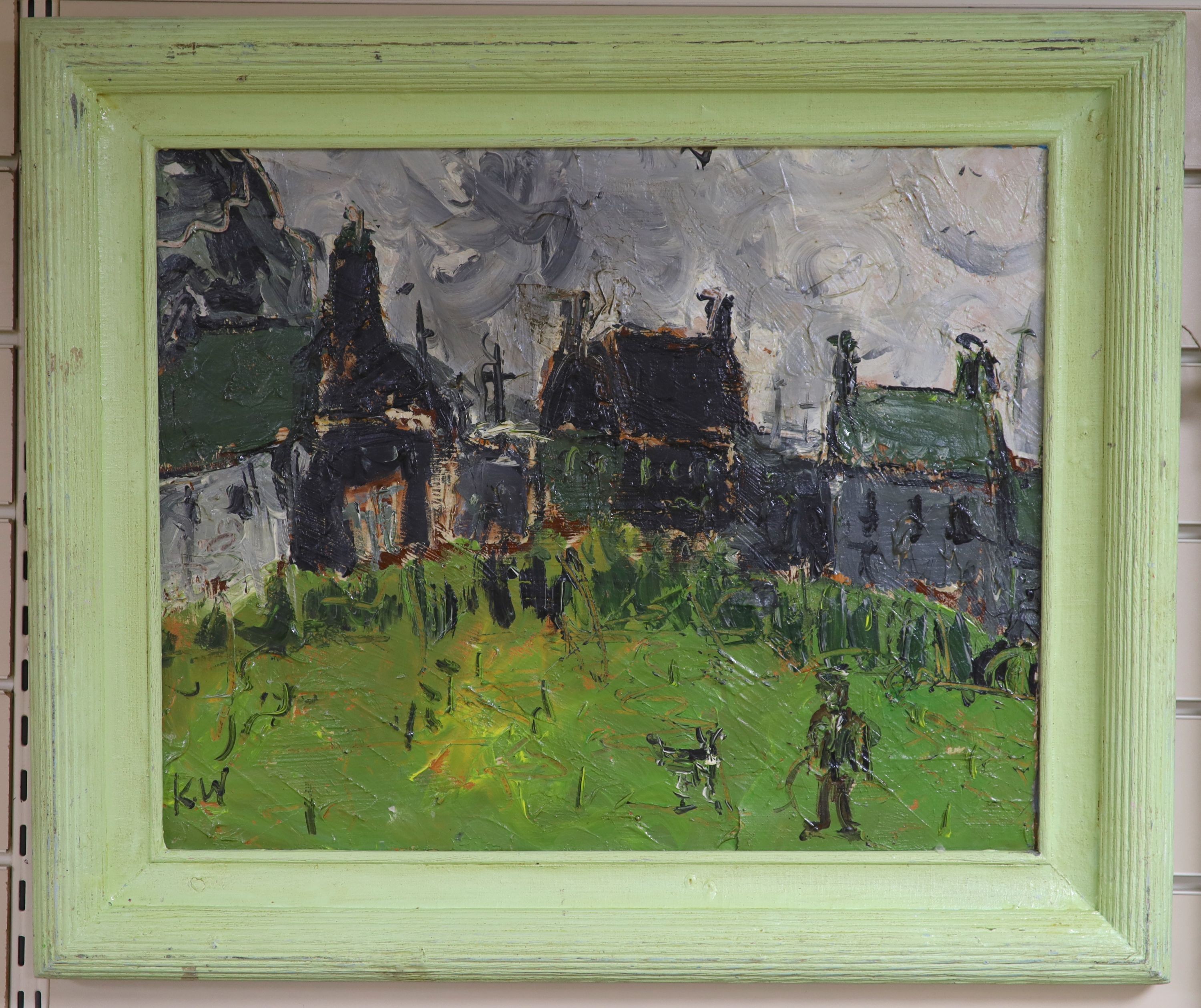 After Kyffin Williams, oil on board, Welsh landscape, 40 x 50 cm.